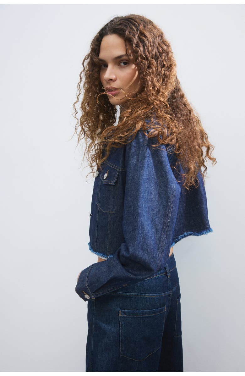 H&M Cropped Denim Jacket, Alternate, color, Dark Denim Blue