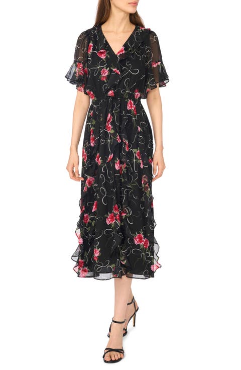Flutter Sleeve V-Neck Midi Dress