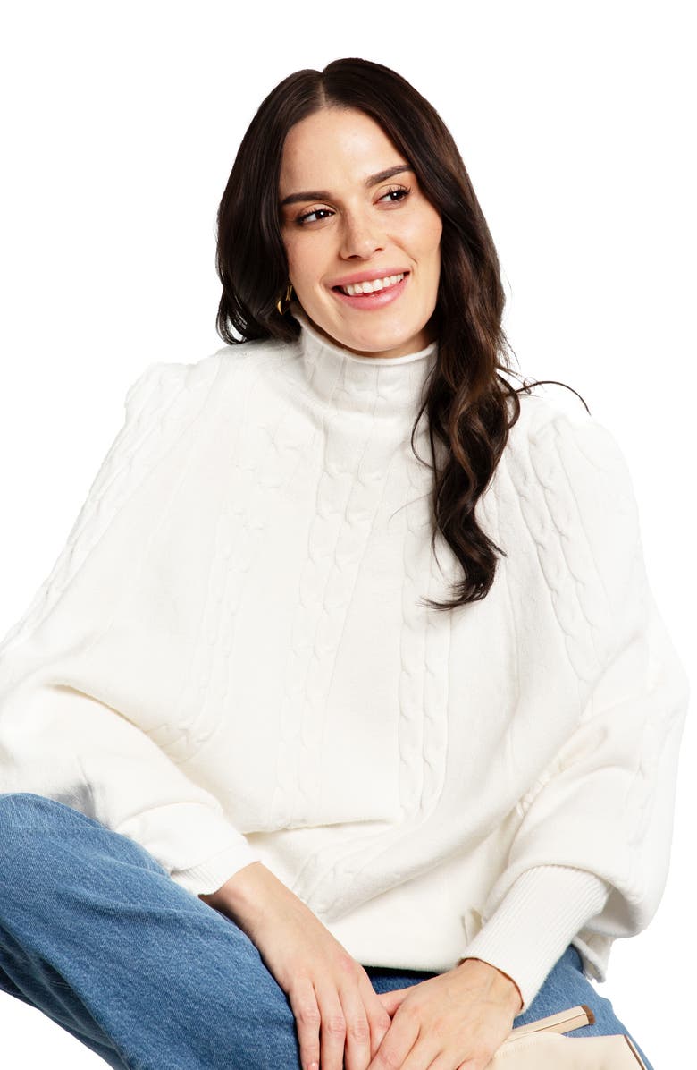 SAACHI Batwing Sleeve Cable Knit Poncho Sweater, Alternate, color, White