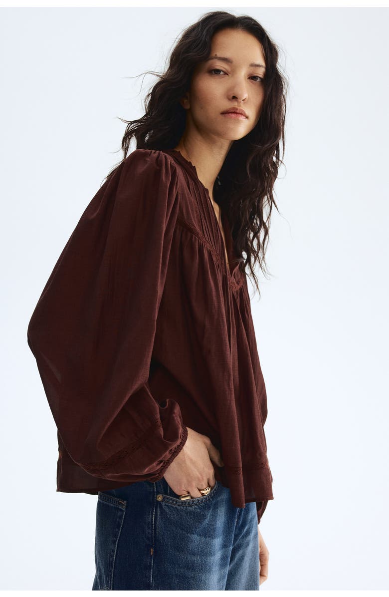 H&M Lace-inset Viscose-blend Blouse, Alternate, color, Dark Brown