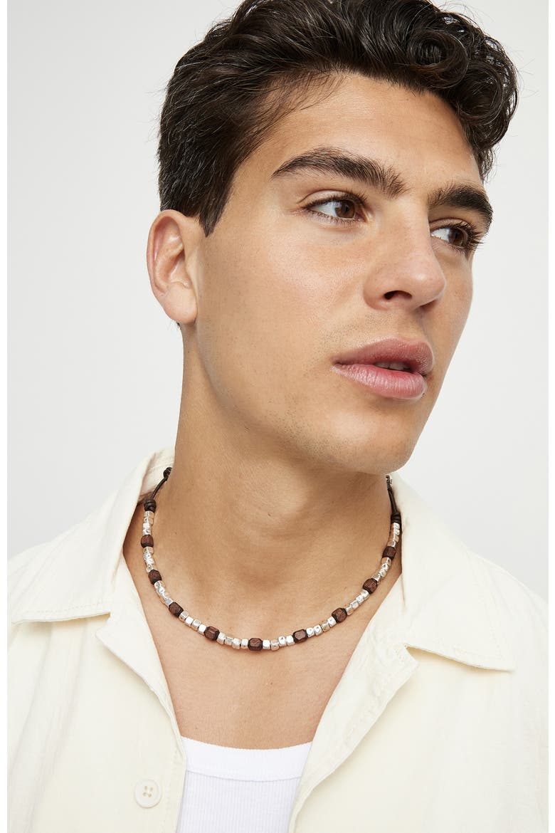Leather Necklace with Silver and Wood Beads, Alternate, color, Silver