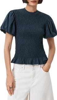 AllSaints Dael Smocked Puff Sleeve Top