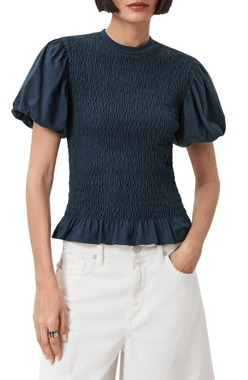 Allsaints Womens Midnight Blue Dael Puff-sleeve Slim-fit Smocked Stretch-woven Top Xs In Blue