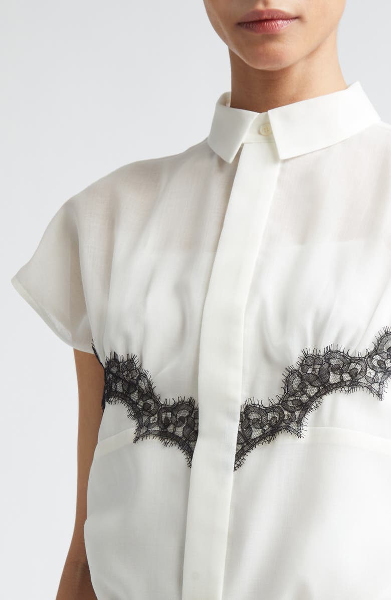 Sacai Lace Trim Cap Sleeve Organza Button-Up Shirt, Alternate, color, Off White