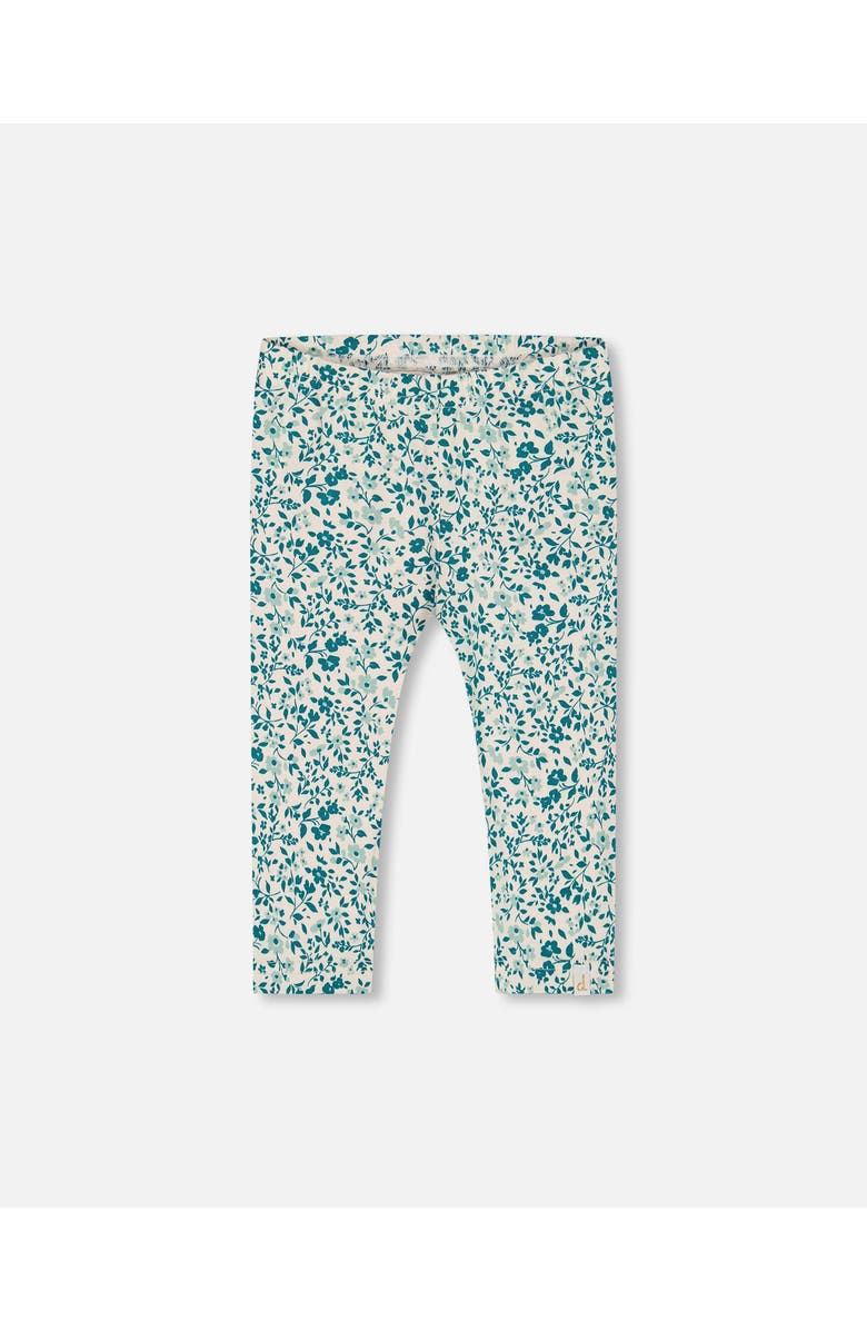 Deux par Deux Little Girl's Printed Organic Cotton Legging Small Turquoise Flowers, Main, color, 