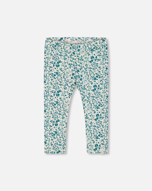 Deux Par Deux Little Girl's Printed Organic Cotton Legging Small Turquoise Flowers In Small Turquoise Flowers