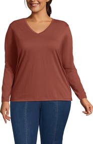 Lands' End Plus Size Relaxed Supima Cotton Long Sleeve V-Neck T-Shirt