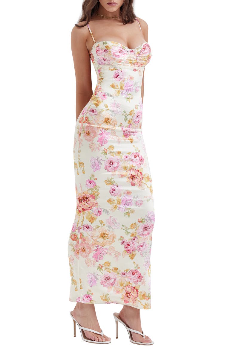 Josefina Floral Bustier Bodice Stretch Satin Body-Con Dress, Alternate, color, IVORY FLORAL