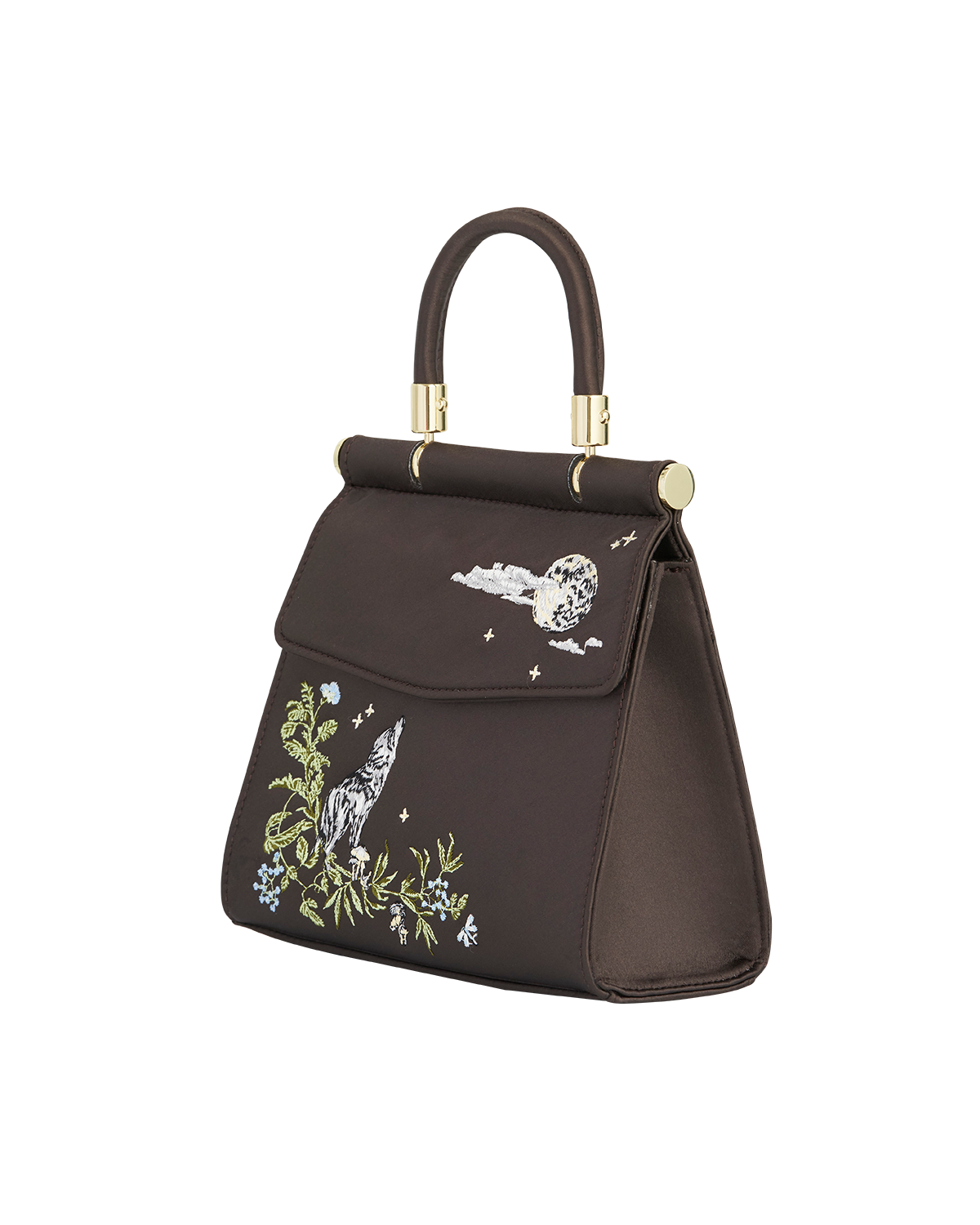 Fable England Wolf & Moon Embroidered Charcoal Satin Tote, Alternate, color, Grey
