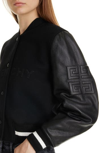 Givenchy Regular Fit Leather & Wool Blend Crop Varsity Givenchy Regular Fit Leather & Wool Blend Crop Varsity