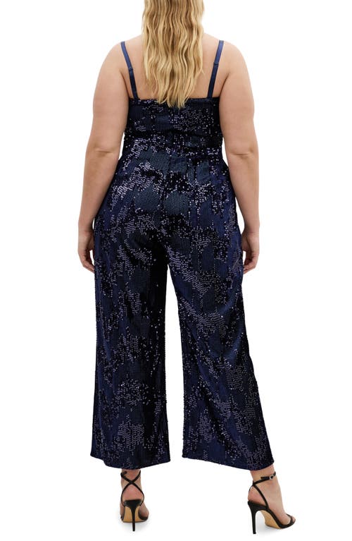 City Chic Sequin Sleeveless Wide Leg Jumpsuit In Blue