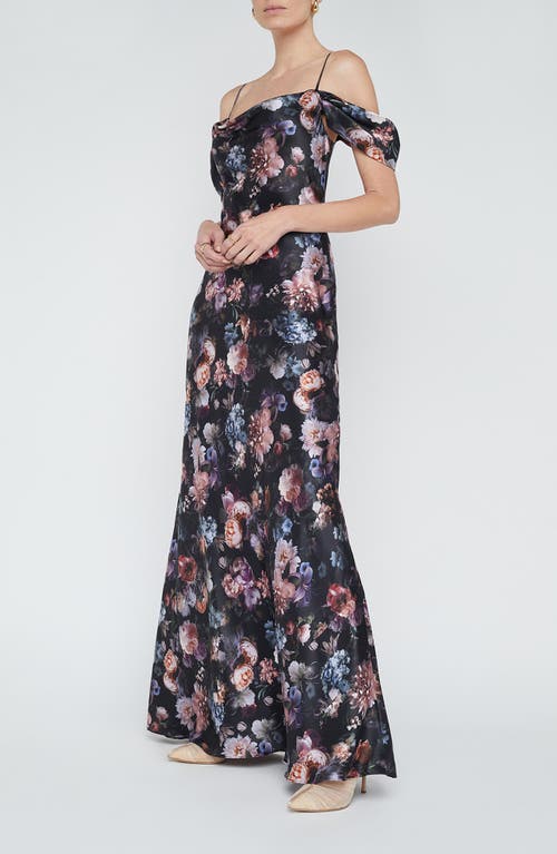 L'agence Kenna Floral Print Cold Shoulder Silk Maxi Dress In Blue