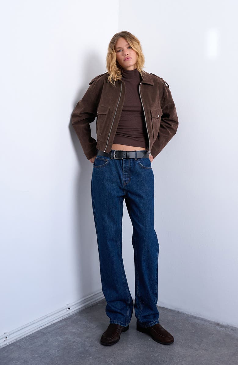 Topshop Mock Neck Long Sleeve Rib Top, Main, color, Brown