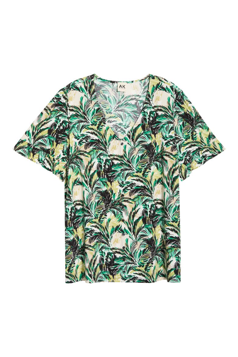Ruffle Accent Short Sleeve Button-Up Shirt, Alternate, color, TROPICAL GREEN MULTI