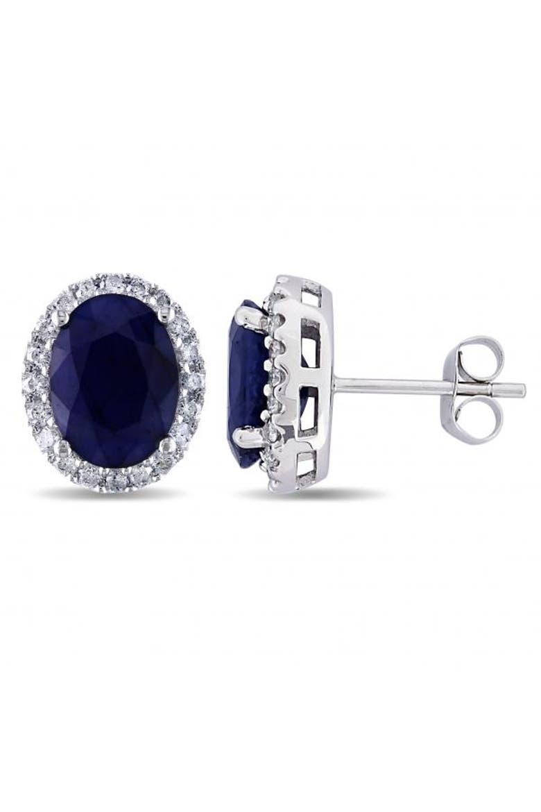 Oval Blue Sapphire & Halo Diamond Stud Earrings 14k, Main, color, White Gold