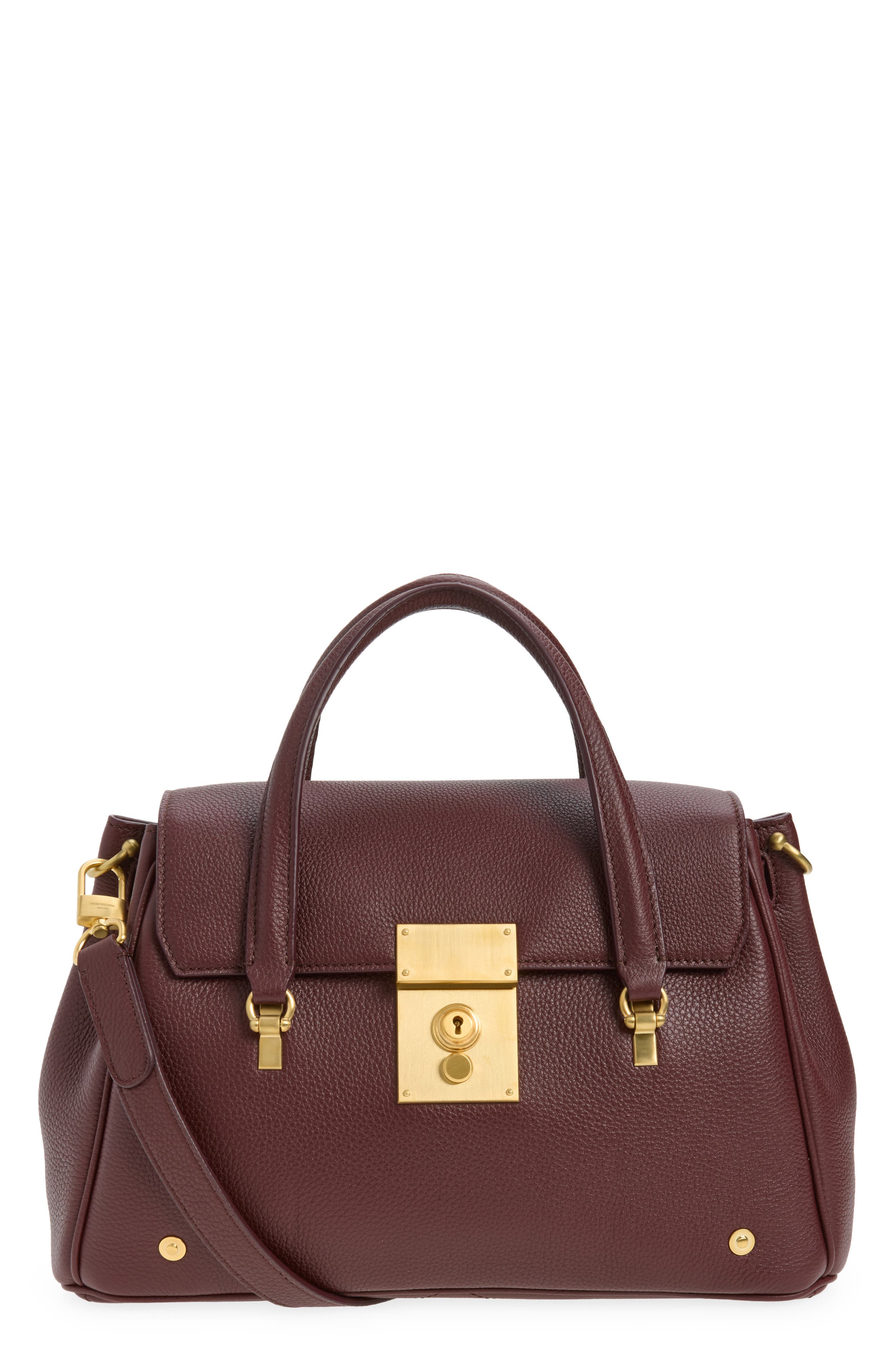 Thom Browne Small Bolton Soft Pebble Grain Leather Top Handle Bag, Main, color, Dark Burgundy