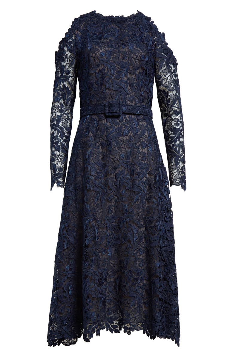 Oscar de la Renta Belted Cold Shoulder Guipure Lace Dress, Alternate, color,