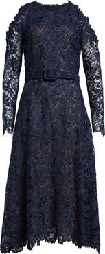 Oscar de la Renta Belted Cold Shoulder Guipure Lace Dress