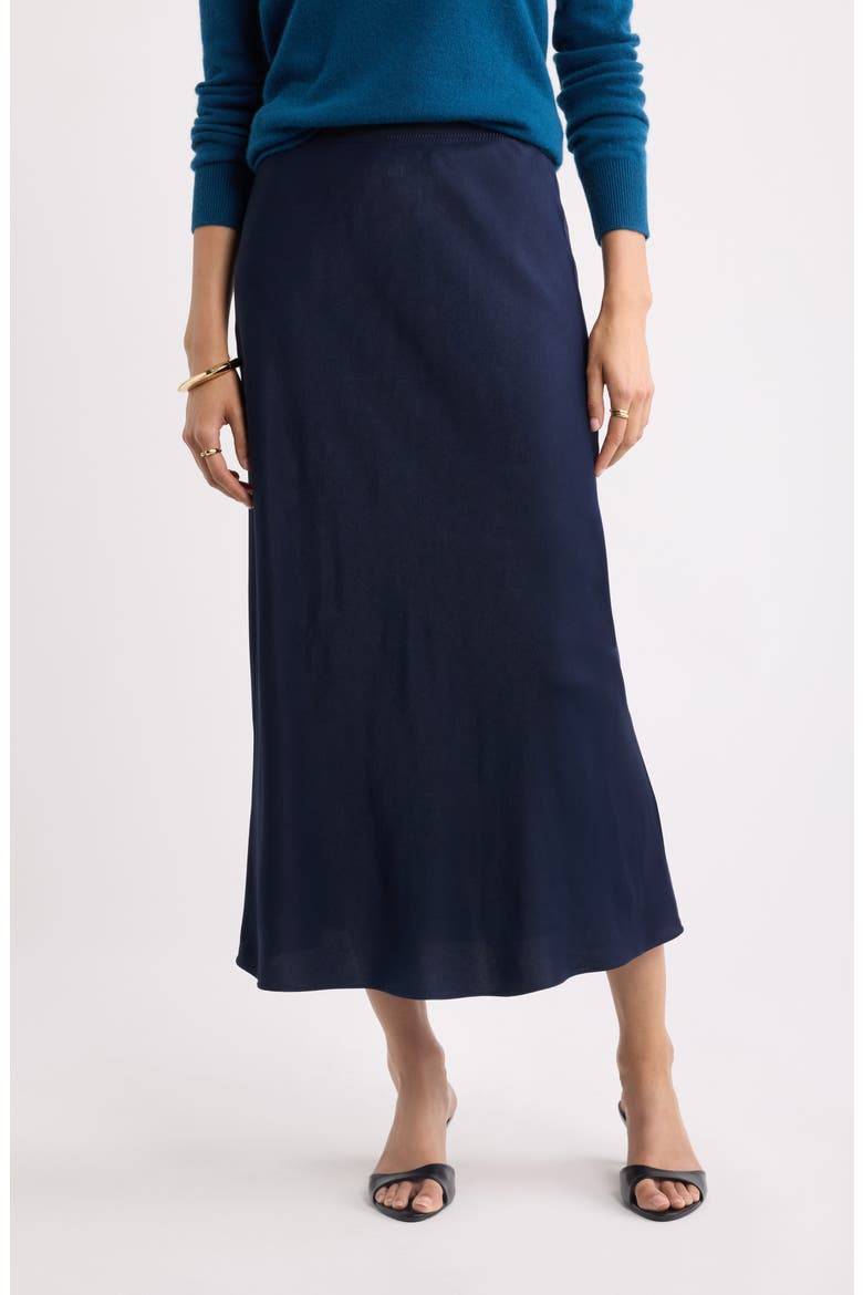 Bias Cut Satin Midi Skirt, Main, color, NAVY NIGHT