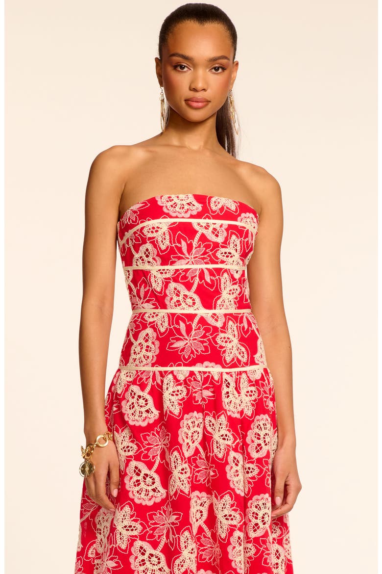 Blanca Embroidered Strapless Cotton Dress, Alternate, color, FLAME FLOWER