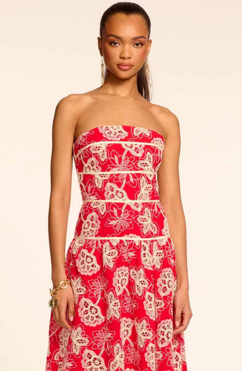 Ramy Brook Blanca Embroidered Strapless Cotton Dress, Alternate, color, Flame Flower