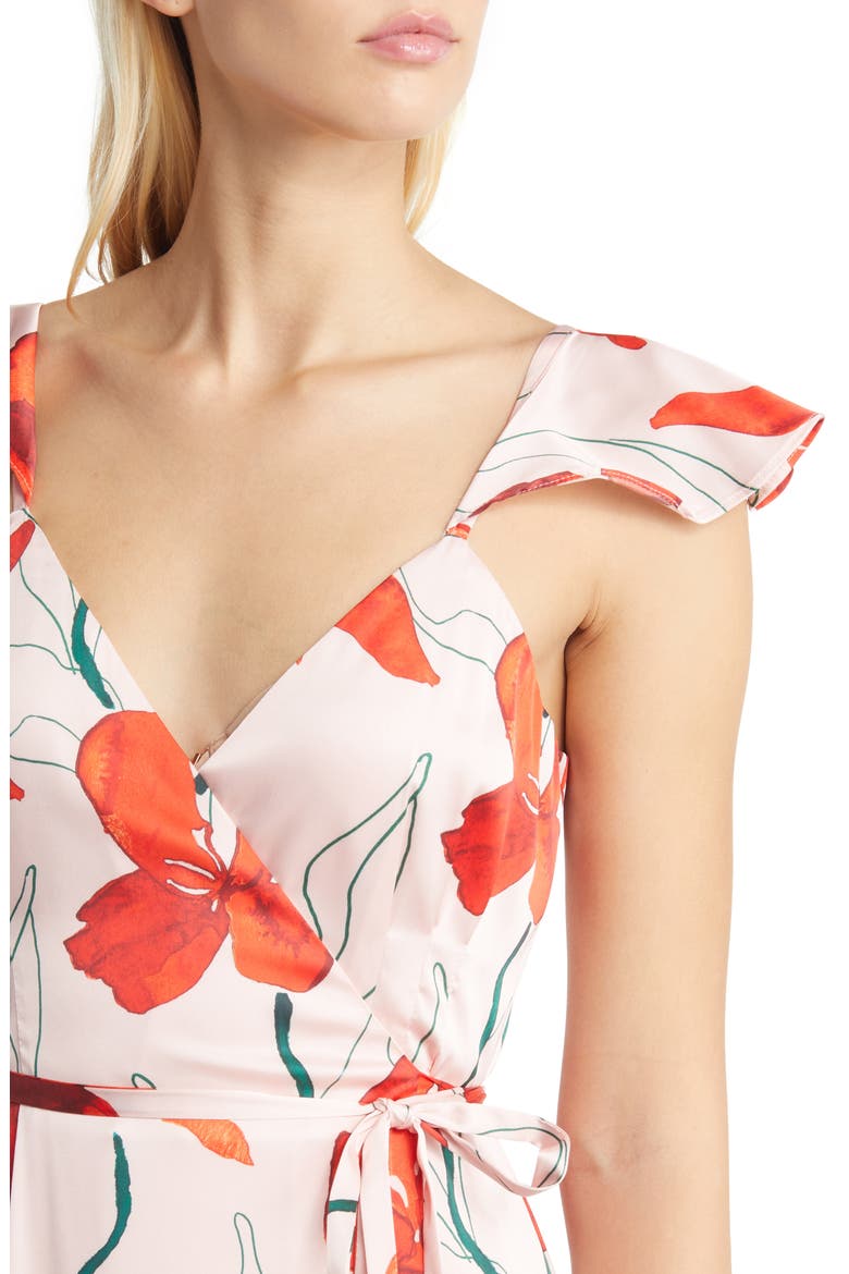 Senna Floral Tiered Wrap Maxi Dress, Alternate, color, BLUSH RED POPPIES SATIN