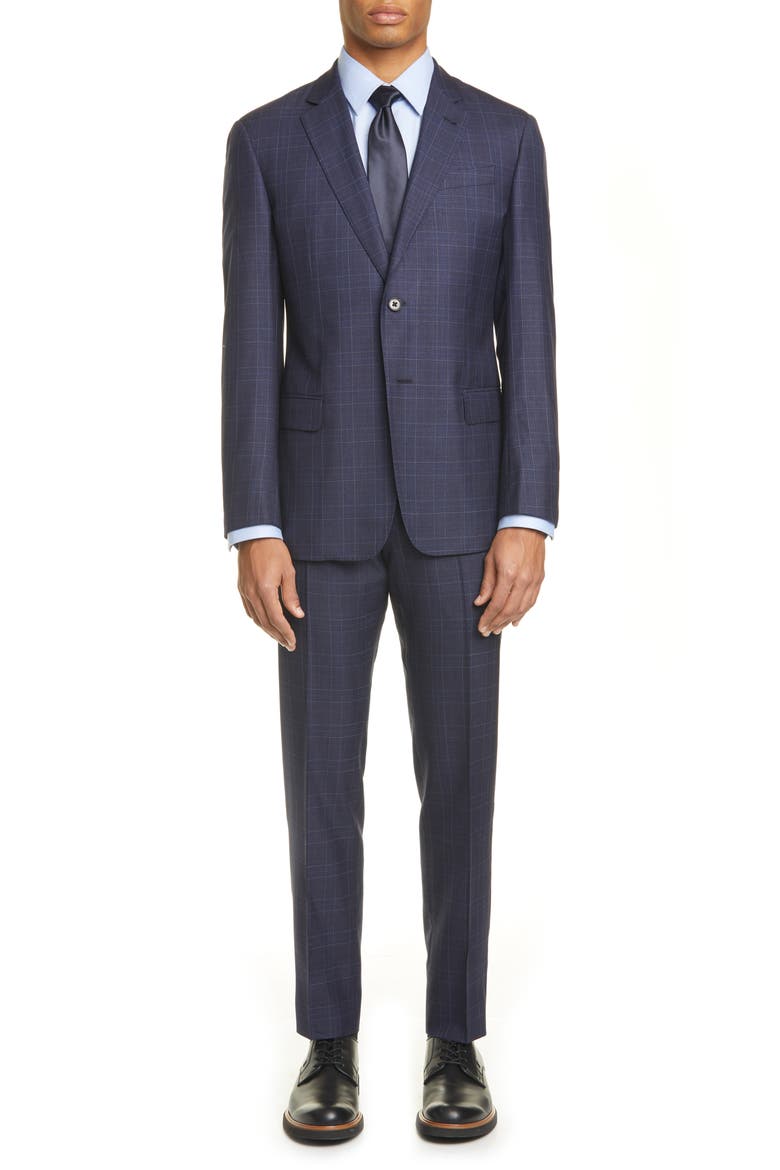 G Line Trim Fit Plaid Wool Blend Suit, Main, color, NAVY
