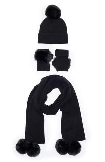 La Fiorentina Faux Fur Beanie, Scarf & Gloves Set In Black