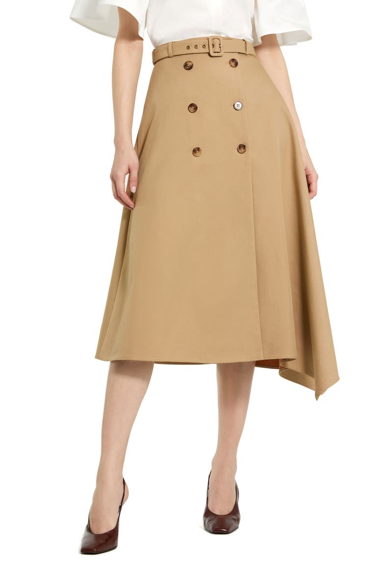 Twill Midi Skirt With Buttons And Belt, Main, color, Taupe
