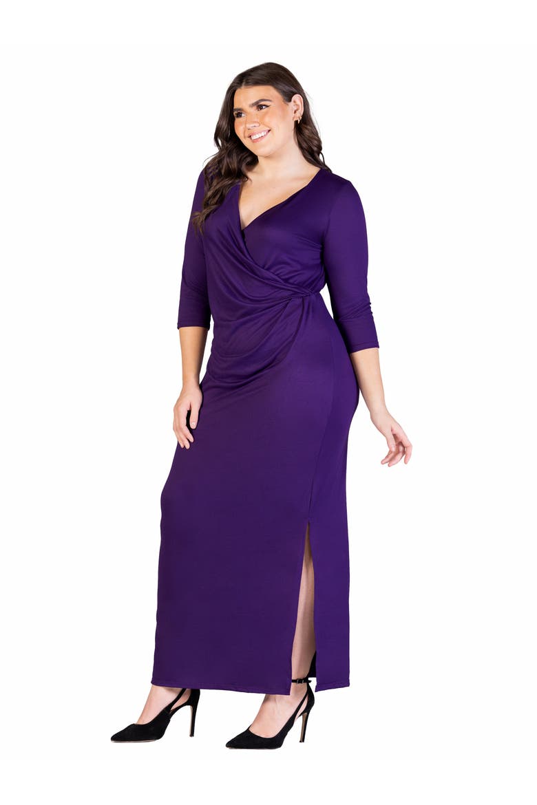 24seven Comfort Appare Fitted V-Neck Side Slit  Maxi Dress, Alternate, color, Purple