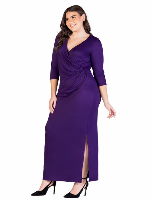 24seven Comfort Apparel 24seven Comfort Appare Fitted V-neck Side Slit Maxi Dress In Purple