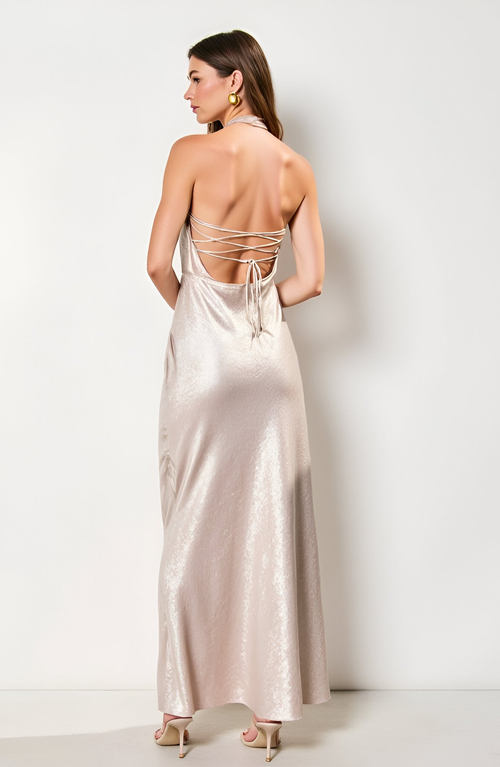 Modenaire Shimmer Cowl Neck Halter Gown With Open Back And Floor-length Skirt In Gold