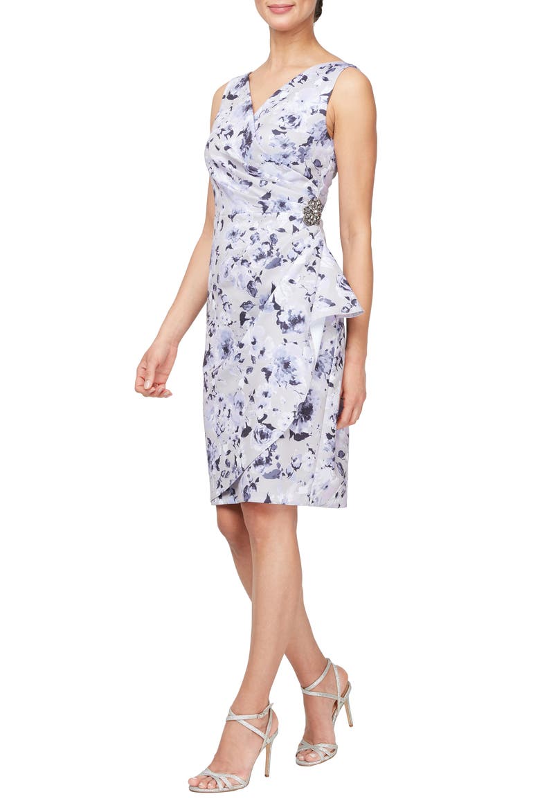 Printed Side Pleat Sleeveless Sheath Dress, Main, color, SILVER MULTI