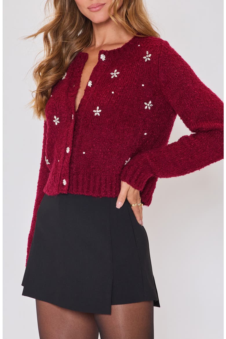 Escape Embellished Bouclé Cardigan, Alternate, color, BURGUNDY