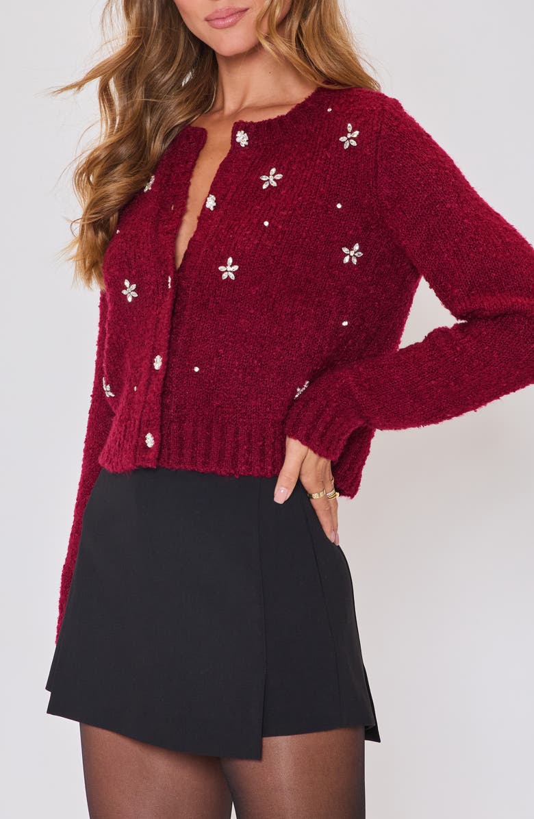 VICI Collection Escape Embellished Bouclé Cardigan, Alternate, color, Burgundy