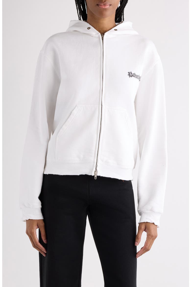 Medium Fit Salon de Couture Distressed Full Zip Fleece Graphic Hoodie, Main, color, 9000 WHITE