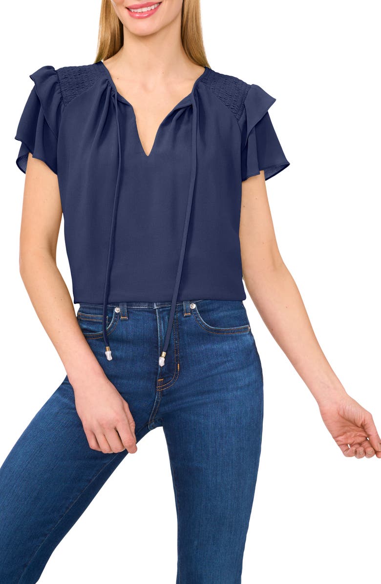 CeCe Tie Neck Flutter Sleeve Top, Main, color, Classic Navy