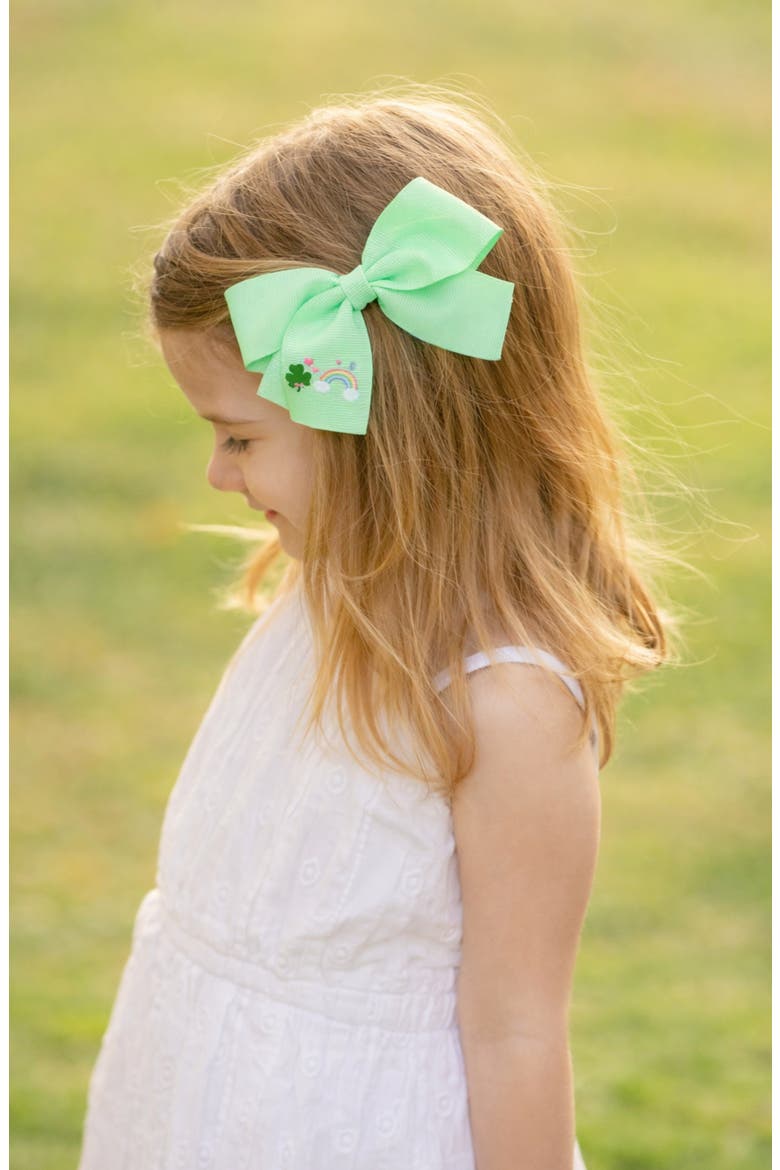 Rainbow Shamrock Hair Bow, Alternate, color, Green