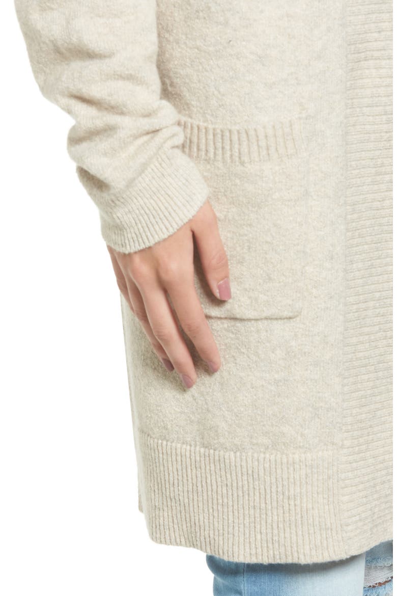Rib Trim Long Cardigan, Alternate, color, BEIGE OATMEAL MEDIUM HEATHER