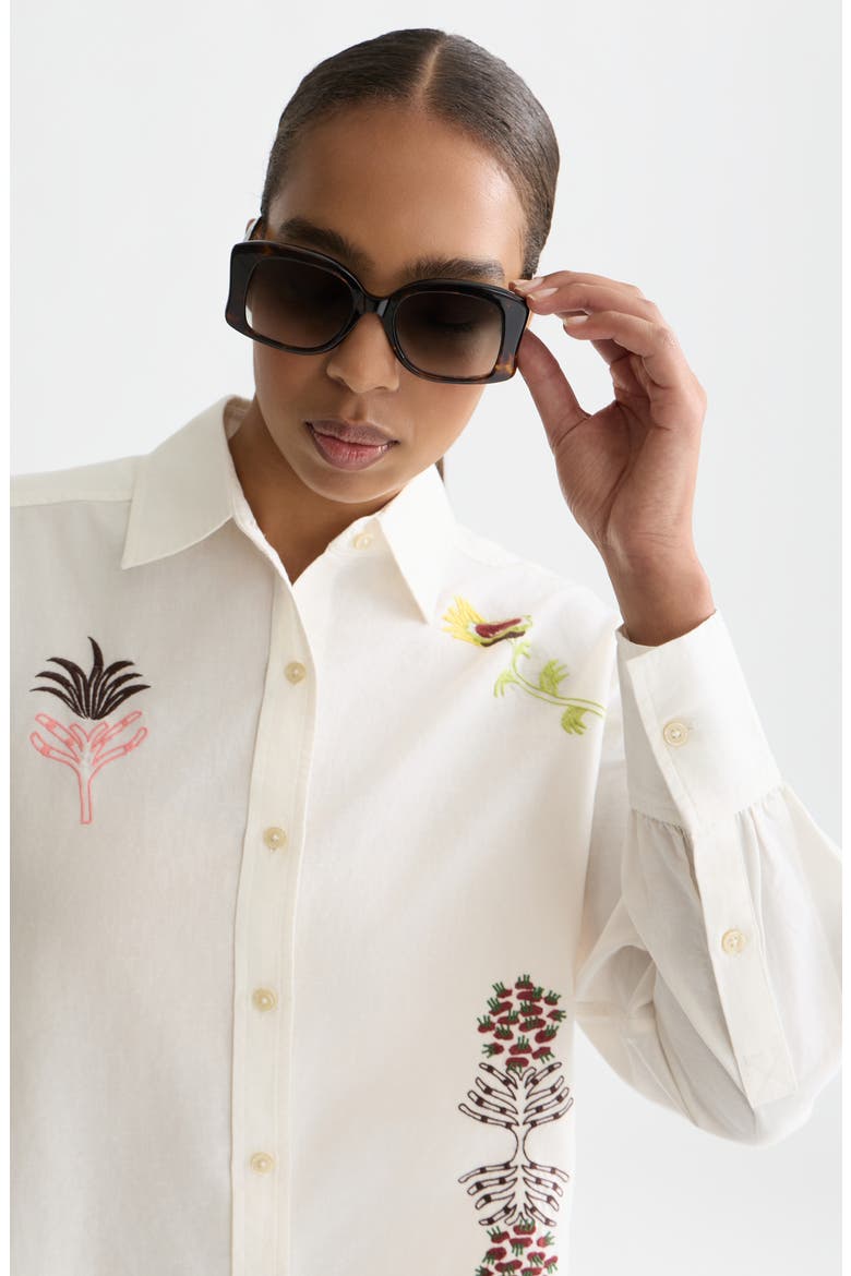 Embroidered Cotton & Linen Button-Up Shirt, Alternate, color, EGGNOG