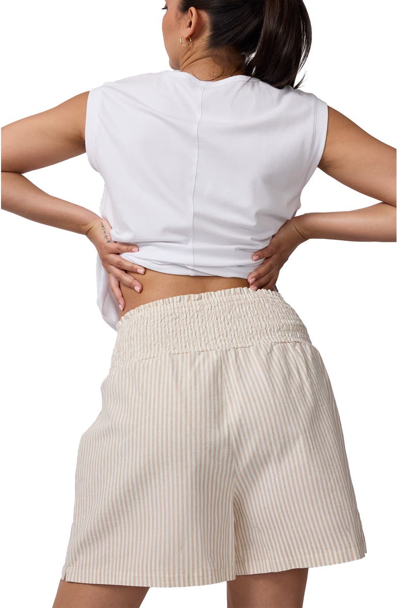 Ingrid & Isabel Smocked Linen Short, Alternate, color, Tan/White Stripe