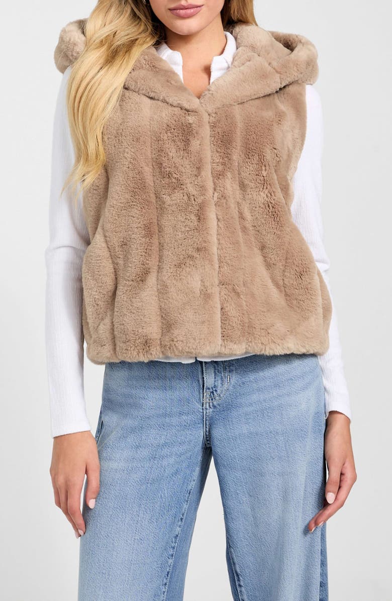 GUESS Sophy Hooded Faux Fur Vest, Alternate, color, Beige