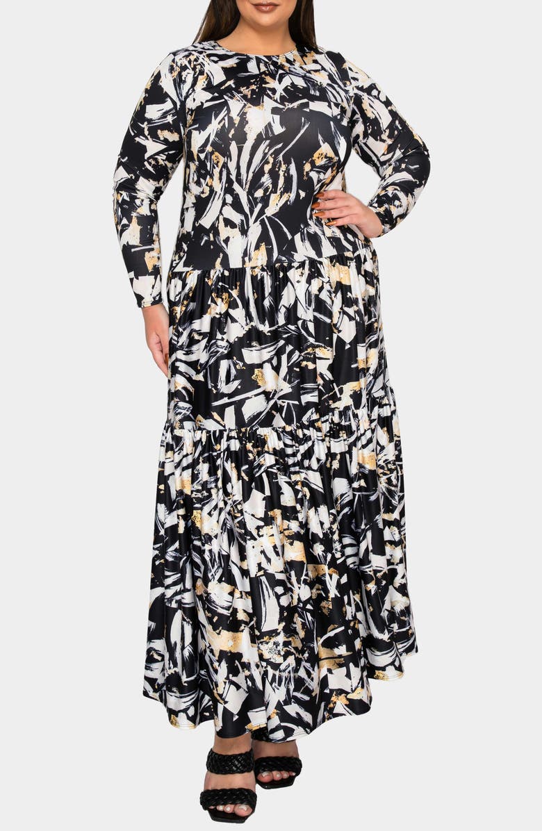 L I V D Zimmern Printed Tiered Long Sleeve Maxi Dress, Main, color, Black Taupe