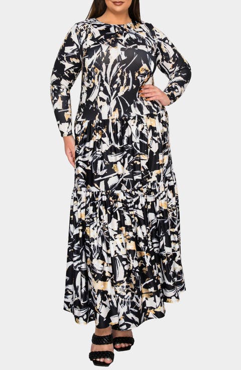 Zimmern Printed Tiered Long Sleeve Maxi Dress (Plus)