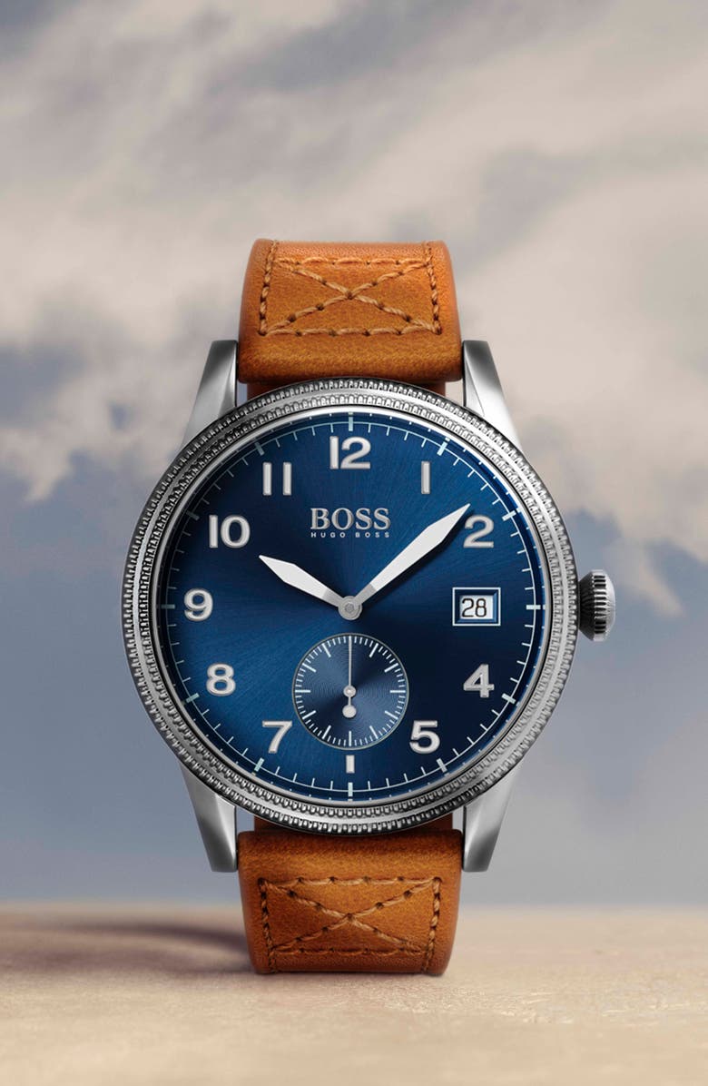 BOSS Legacy Round Leather Strap Watch, 44mm, Alternate, color, 