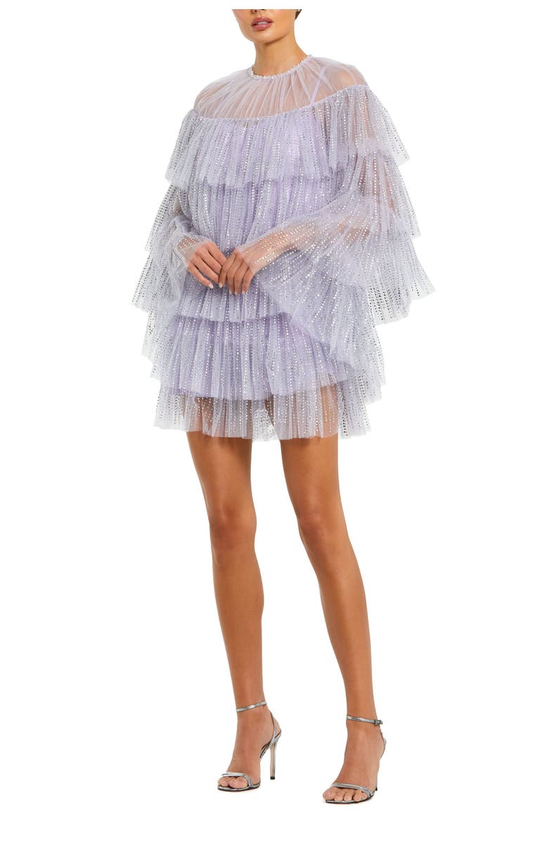 Mac Duggal High Neck Tiered Ruffle Pearl Beaded Cape Dress, Main, color, Lilac