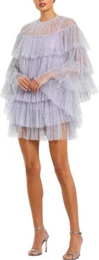 Mac Duggal High Neck Tiered Ruffle Pearl Beaded Cape Dress