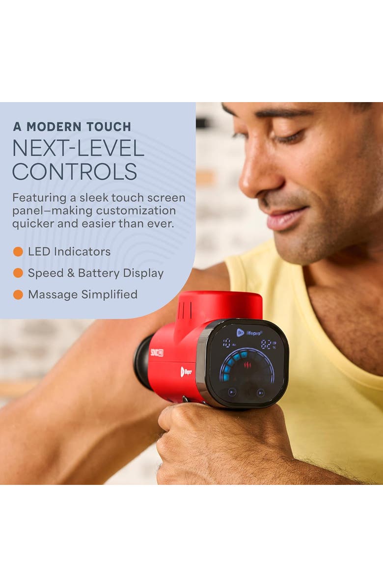 Lifepro Sonic Pro Deep Tissue Massage Gun Handheld Percussion Massager with 10 Speeds, 9 Heads, Alternate, color, Red