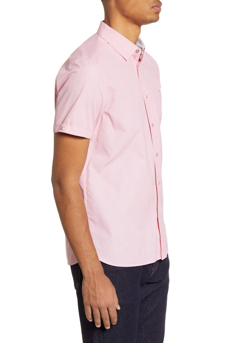 Sayhi Pinstripe Short Sleeve Button-Up Shirt, Alternate, color, RED