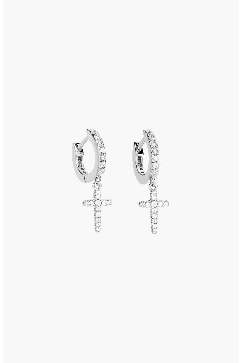 Luminous Pavé Cross Huggie Hoop Earrings, Main, color, Sterling Silver